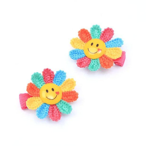 2 Smiley Face Rainbow Flower Hair Clips