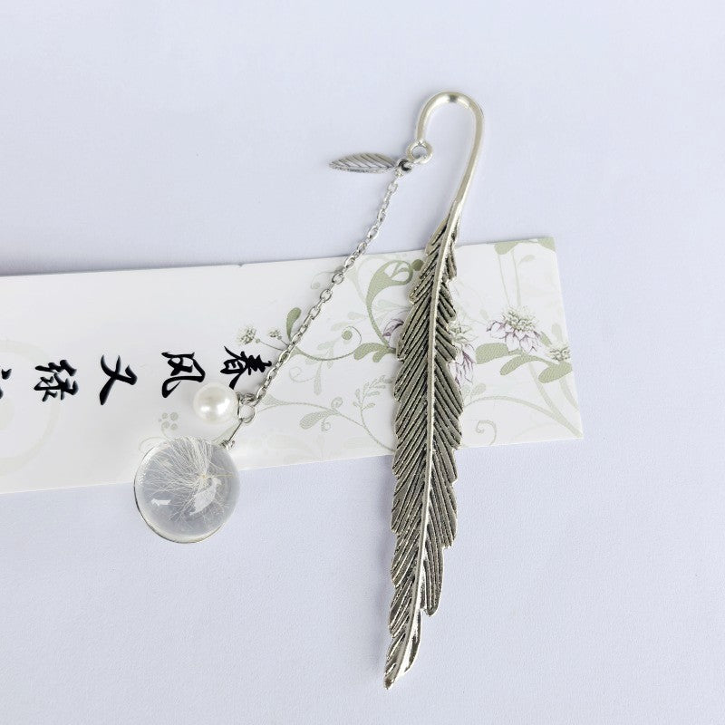 Glass Dried Feather Metal Bookmark