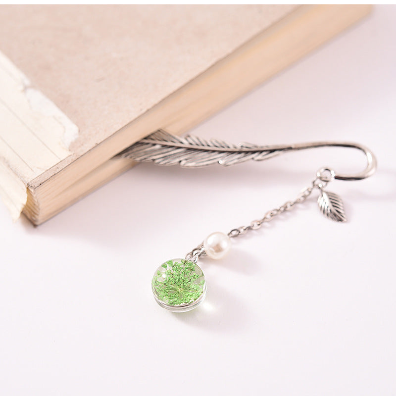 Glass Dried Feather Metal Bookmark