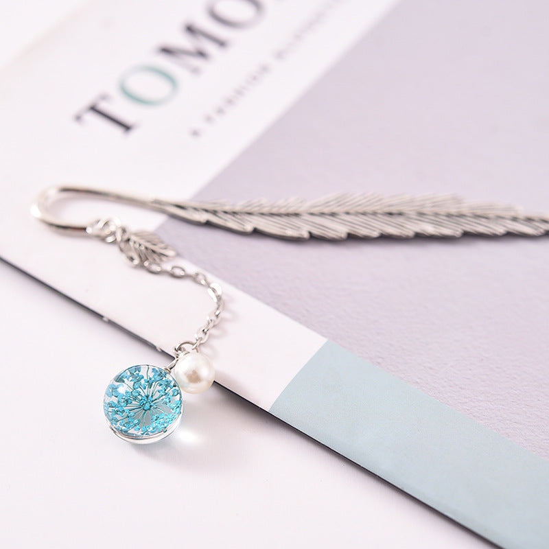 Glass Dried Feather Metal Bookmark
