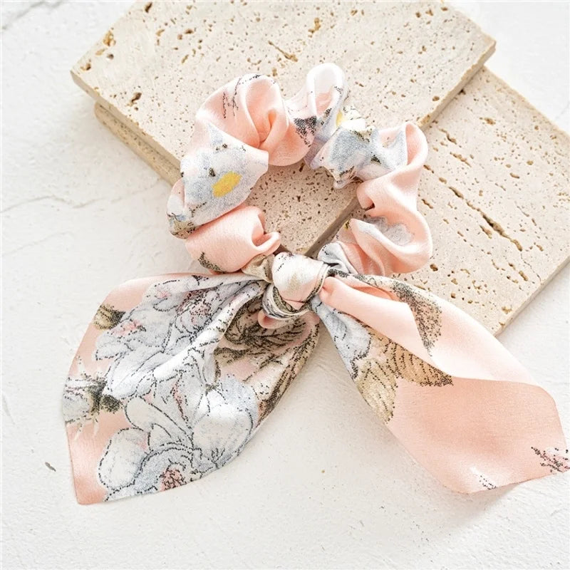 Pink Floral Rabbit Ears Scrunchie