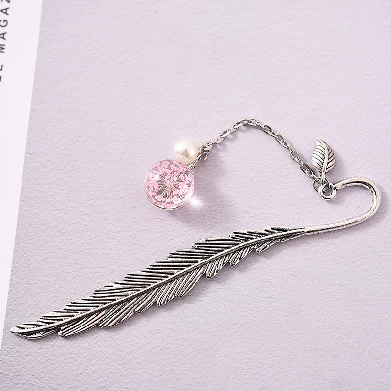 Glass Dried Feather Metal Bookmark