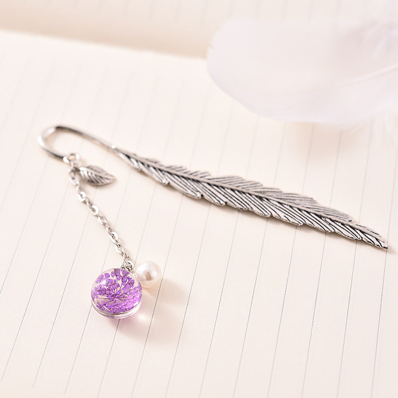 Glass Dried Feather Metal Bookmark