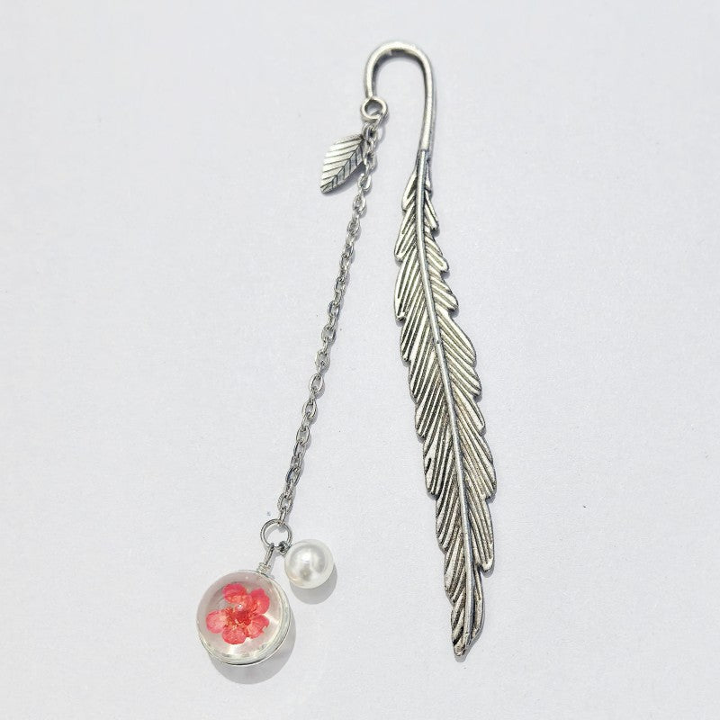 Glass Dried Feather Metal Bookmark
