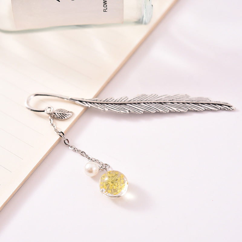 Glass Dried Feather Metal Bookmark