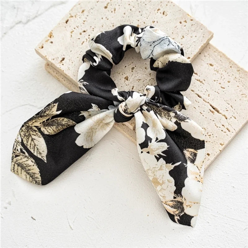 Black Patterned Rabbit Ears Scrunchie