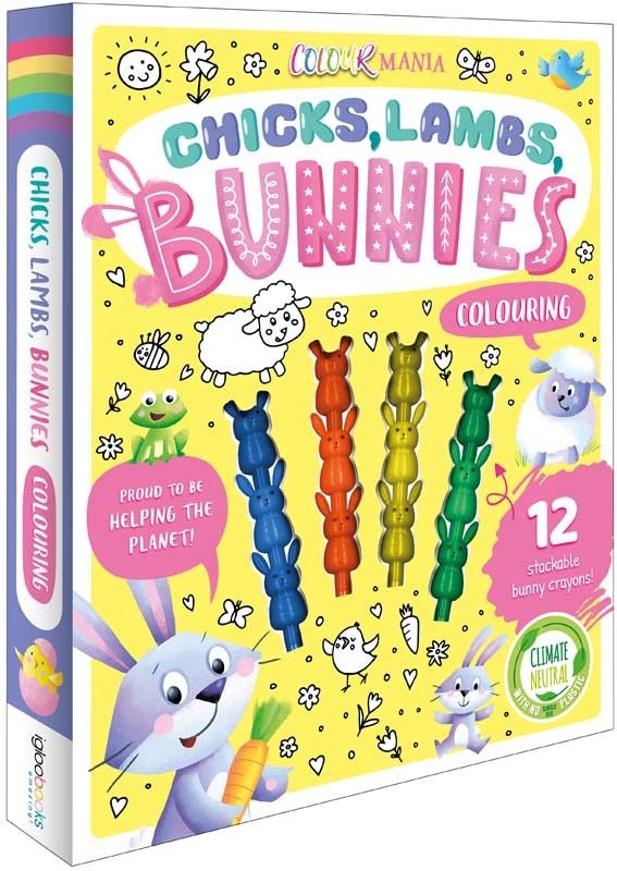 Colourmania Chicks, Lambs & Bunnies Colouring Book | 30+ Pages & 12 Crayons