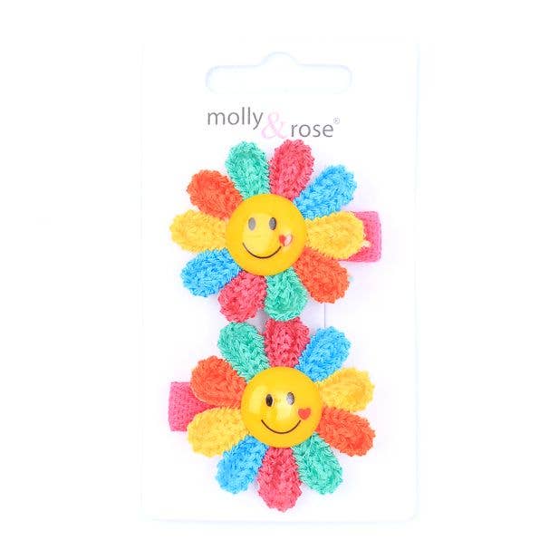 2 Smiley Face Rainbow Flower Hair Clips