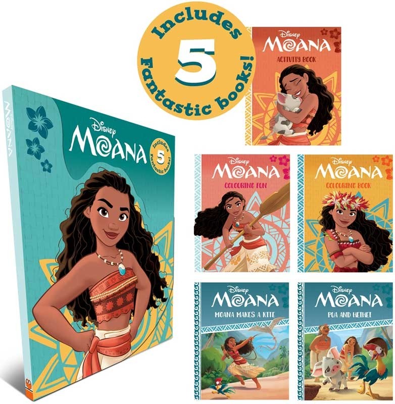 Moana 5 Book Set | Story, Activity & Colouring Books in Shaped Wallet