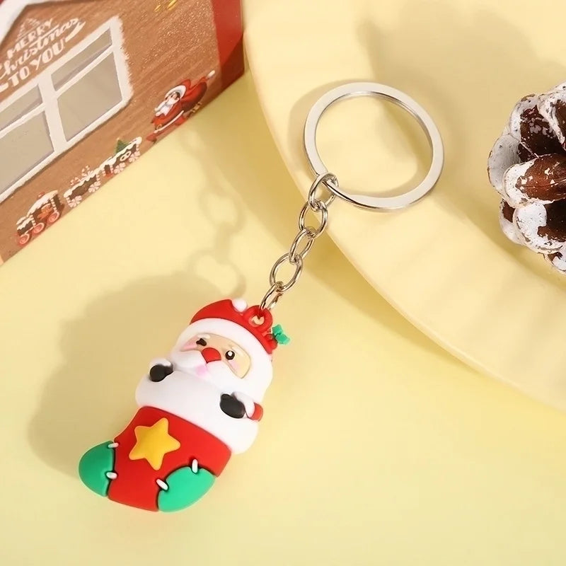 Santa In Stocking Silver Keychain